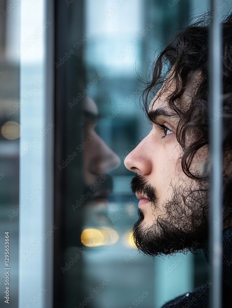 Aufkleber thoughtful young man looking out a glass window reflecting on life in an urban setting : generative 