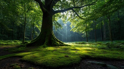 Fototapeta premium A large tree stands amongst a lush green forest