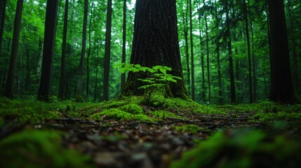 A large tree in the forest with surrounding green plants