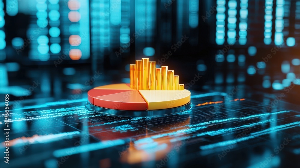 Poster a vibrant 3d pie chart featuring orange, yellow, and red segments set against a futuristic digital b