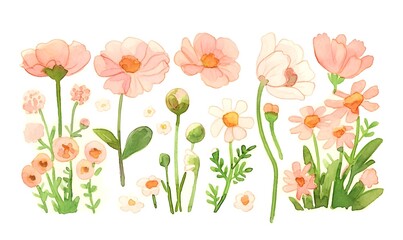 Wild flowers on a white background, watercolor painting in delicate tones, Generative AI