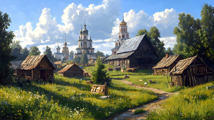 Serene Rural Landscape with Traditional Houses and Beautiful Churches