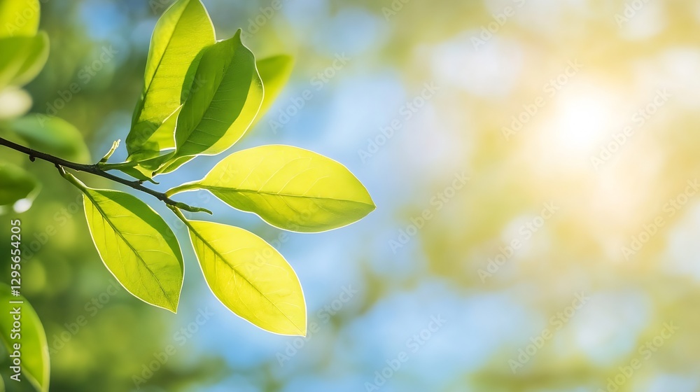 Poster Fresh Green Leaves in Soft Sunlight with a Blurred Background Perfect for Nature Themes : Generative AI