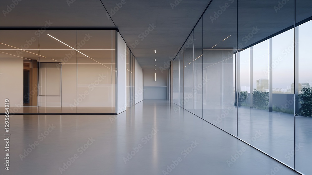 Poster Contemporary office space with large glass walls and minimalistic design creating an open and airy environment : Generative AI