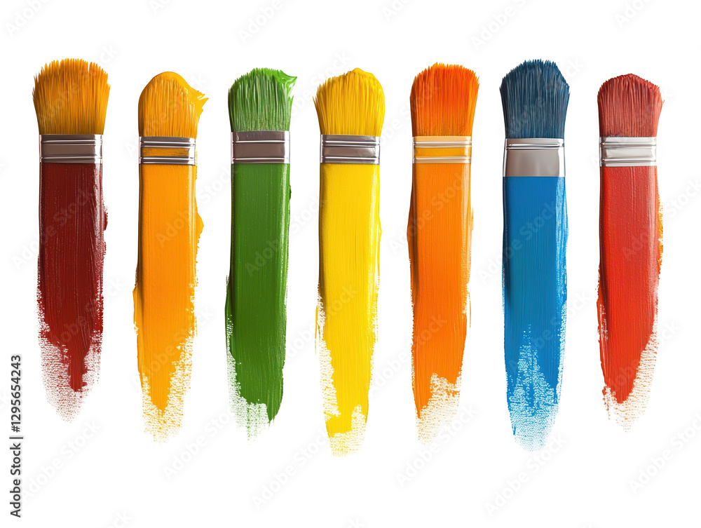 Poster a colorful array of paintbrushes with vibrant bristles, showcasing a spectrum of colors for artistic