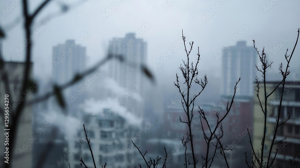 Poster misty cityscape with bare branches in foreground capturing urban environment : generative ai
