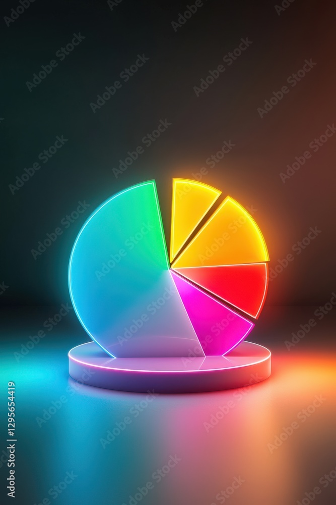 Poster vibrant 3d pie chart showcasing data visualization with neon lights, ideal for business presentation