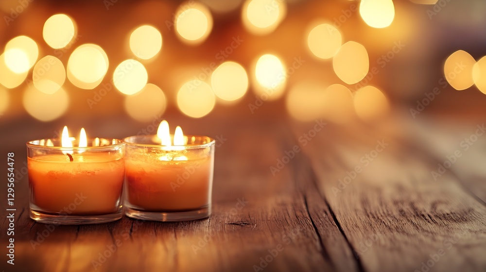 Aufkleber warm glowing candles on a rustic wooden table set against dreamy bokeh lights for a cozy ambiance : 