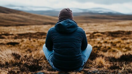 Contemplative Man Sitting in Nature Enjoying Scenic View in Countryside : Generative AI