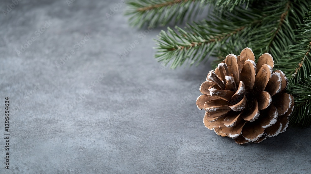 Poster natural pine cone resting on a grey table with green pine branches representing winter season : gene