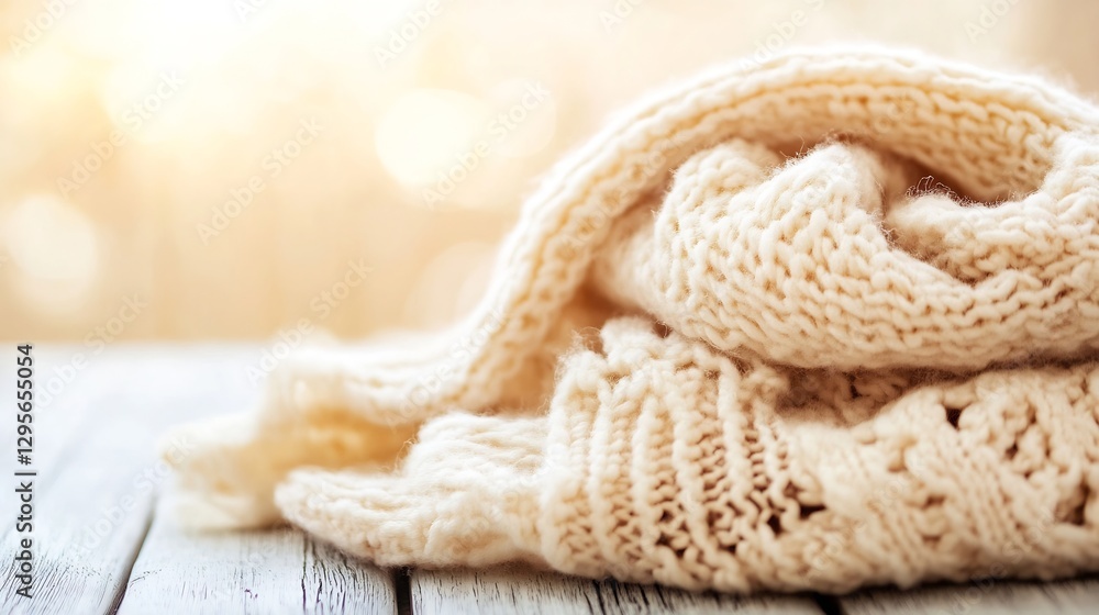 Poster folded cozy knit sweaters in soft light on wooden table background : generative ai