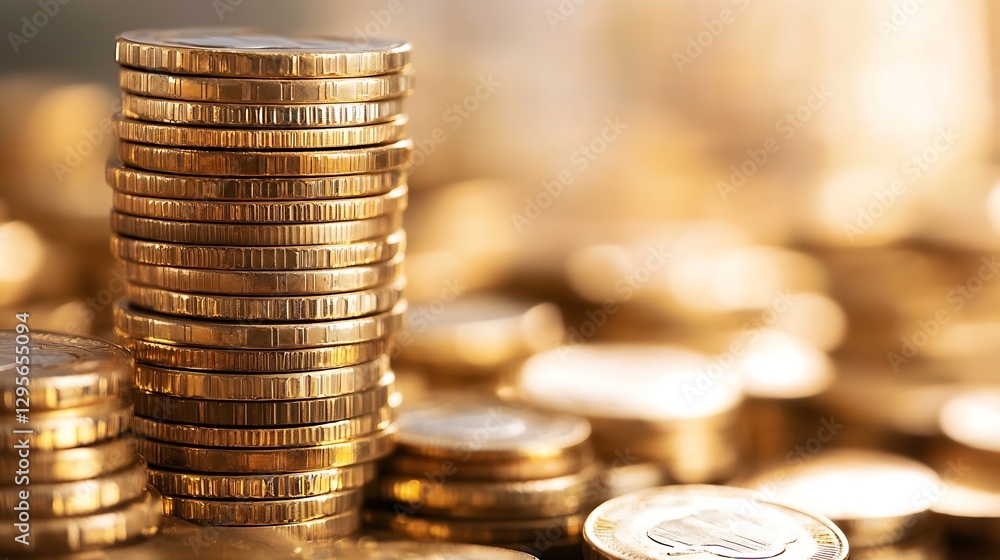 Poster closeup view of stacked coins on a table with a blurred background featuring wealth : generative ai