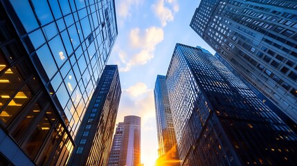 Naklejka premium Stunning perspective of skyscrapers reaching for the sky as the sun sets casting golden light : Generative AI