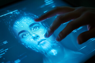 Futuristic Biometric Facial Recognition System Interface on Tablet Screen