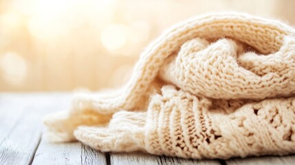 Folded Cozy Knit Sweaters in Soft Light on Wooden Table Background : Generative AI
