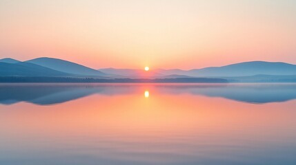 Serene sunrise over calm lake reflecting pastel sky and hazy mountains.