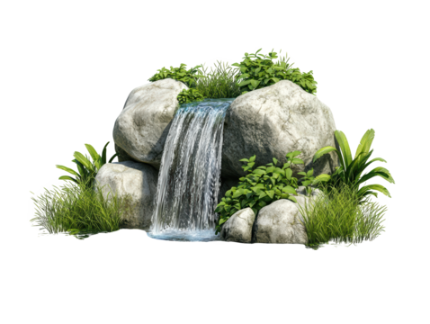 A serene waterfall cascades over rocks, surrounded by lush greenery and vibrant plants, creating a tranquil natural scene.