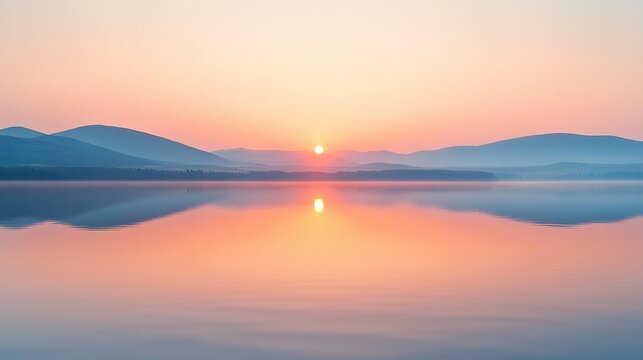 Serene sunrise over calm lake reflecting pastel sky and hazy mountains.