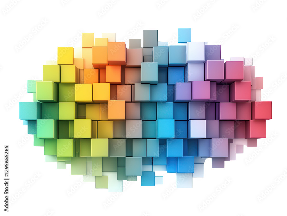 Poster a vibrant cluster of 3d cubes arranged in a colorful gradient, showcasing a spectrum of hues from wa