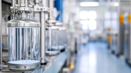 Close Up of Glass Laboratory Bottles with Bluish Light in Modern Facility : Generative AI