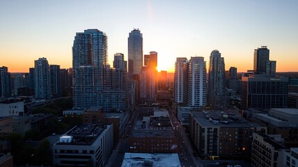 Obraz premium Stunning Urban Sunset Over Skyline with High Rise Buildings in Downtown Area : Generative AI