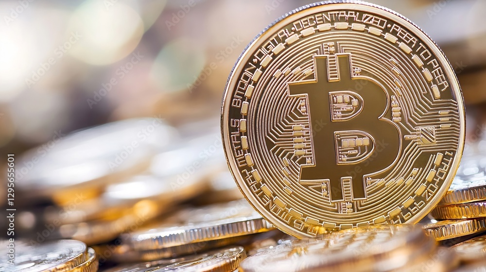 Aufkleber Closeup of a golden Bitcoin coin resting on a stack of shiny coins symbolizing cryptocurrency wealth : Generative AI