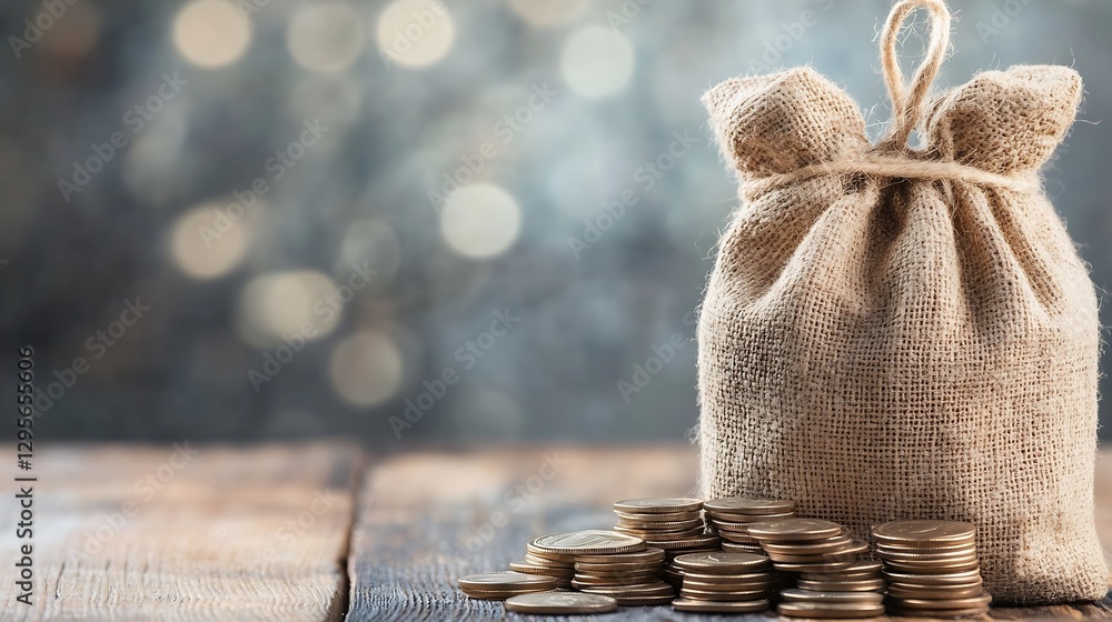 Poster sack of coins on rustic wooden table with bokeh lights creating relaxed atmosphere : generative ai