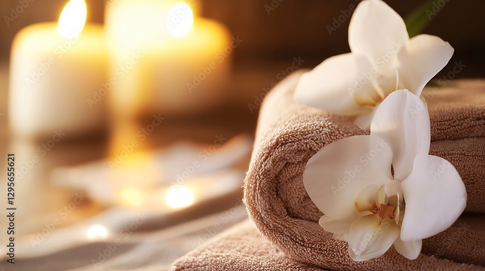 Poster Luxurious Spa Setup with Soft Towels and Elegant White Orchids Decor : Generative AI