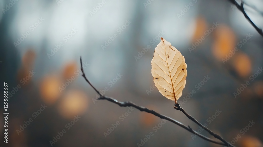 Poster closeup of a delicate autumn leaf hanging on a branch highlighting seasonal change : generative ai
