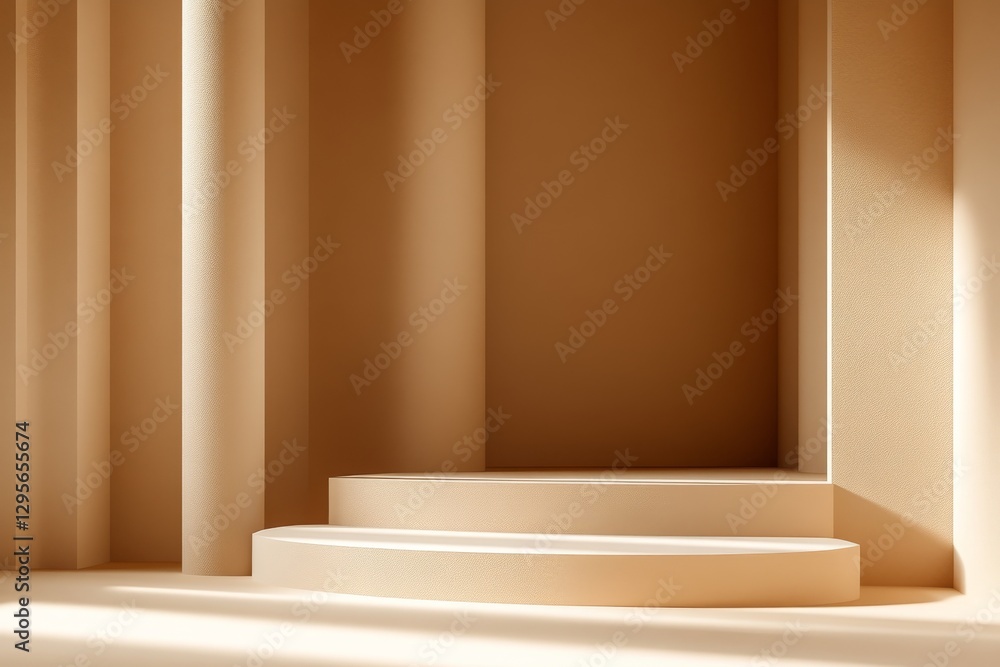 Poster the product presentation features a soft beige background with an abstract minimalist style, complet