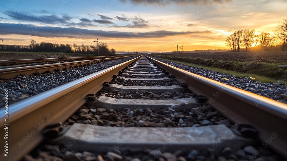 Poster Dramatic sunset view over railroad tracks creating a sense of journey and adventure : Generative AI