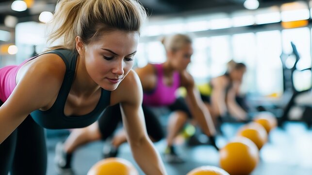 Dedicated woman performing pushups in a fitness class with others pushing their limits in the gym : Generative AI
