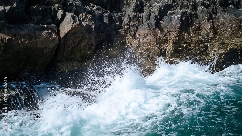 Aufkleber Powerful ocean waves crashing against rocky shoreline creating spray and dynamic movement in nature : Generative AI