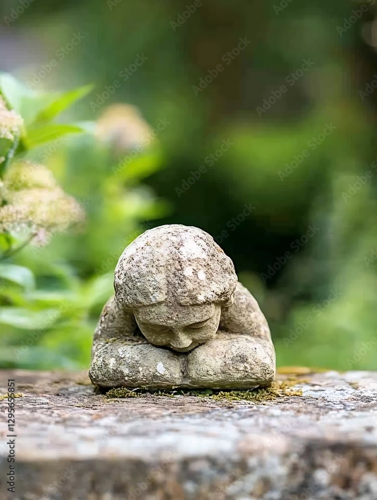 Aufkleber a serene stone sculpture of a figure resting with arms crossed surrounded by lush greenery in a peac