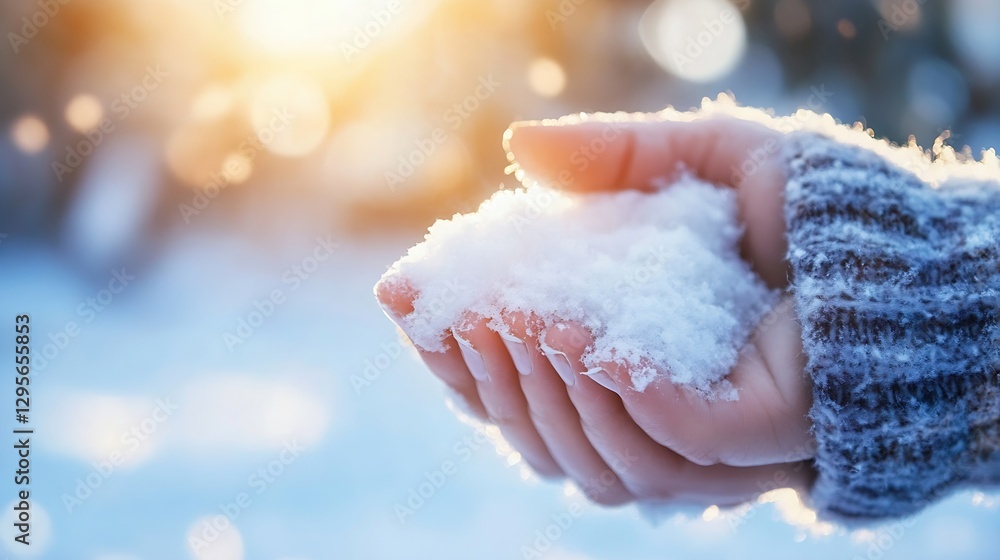 Poster hands full of soft snow sparkle in winter light as sun sets over the snowy landscape : generative ai