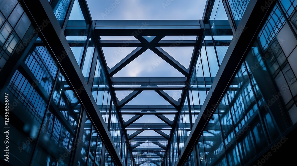 Poster Impressive architectural design showcasing glass framework under a cloudy sky : Generative AI