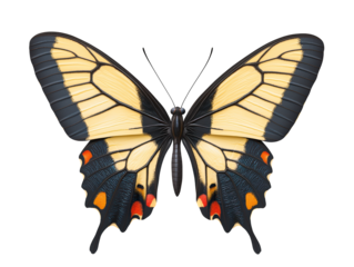 A vibrant butterfly with striking yellow and black wings adorned with orange spots, showcasing intricate patterns and symmetry.