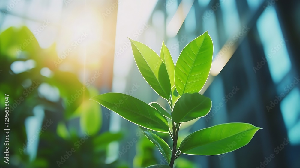 Aufkleber fresh green leaves illuminated by sunlight in an urban setting with glass reflections : generative a