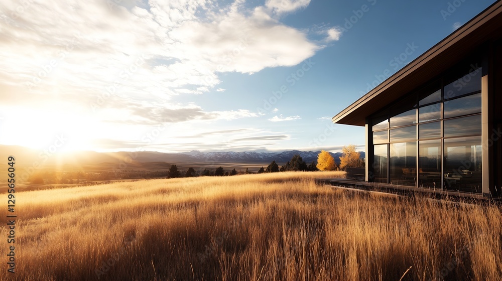 Poster Stunning modern architecture overlooking golden fields at sunset creating a serene and beautiful landscape : Generative AI