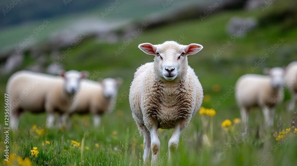Aufkleber charming closeup of a sheep in a green field surrounded by nature and soft flowers : generative ai