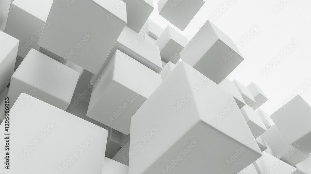 Poster an abstract composition featuring medium-sized white boxes appearing to float and fall in a tranquil