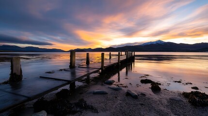 Fototapeta premium Peaceful Sunset over a Pier on Calm Water in Nature : Generative AI