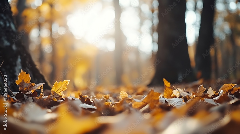 Poster golden autumn leaves on the ground with sunlight streaming through trees : generative ai