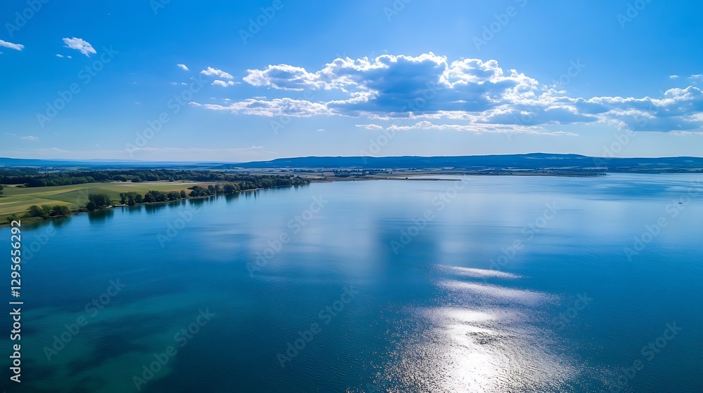Poster scenic aerial view of a sparkling lake under a blue sky with white clouds reflecting on the water su