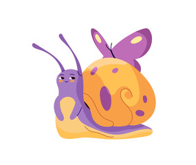 Cute slug character with pretty butterfly on its spiral shell. Happy snail with spotted pattern on coiled house on back. Funny snailfish crawls. Flat isolated vector illustration on white background