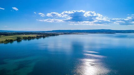 Fototapeta premium Scenic aerial view of a sparkling lake under a blue sky with white clouds reflecting on the water surface : Generative AI