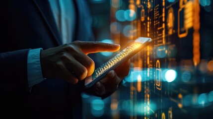 Businessman Using Smartphone With Digital Data Display