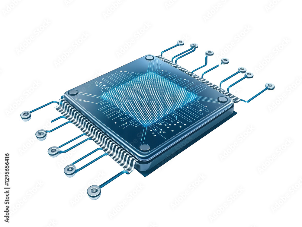 Poster a detailed microchip featuring intricate circuits and connections.