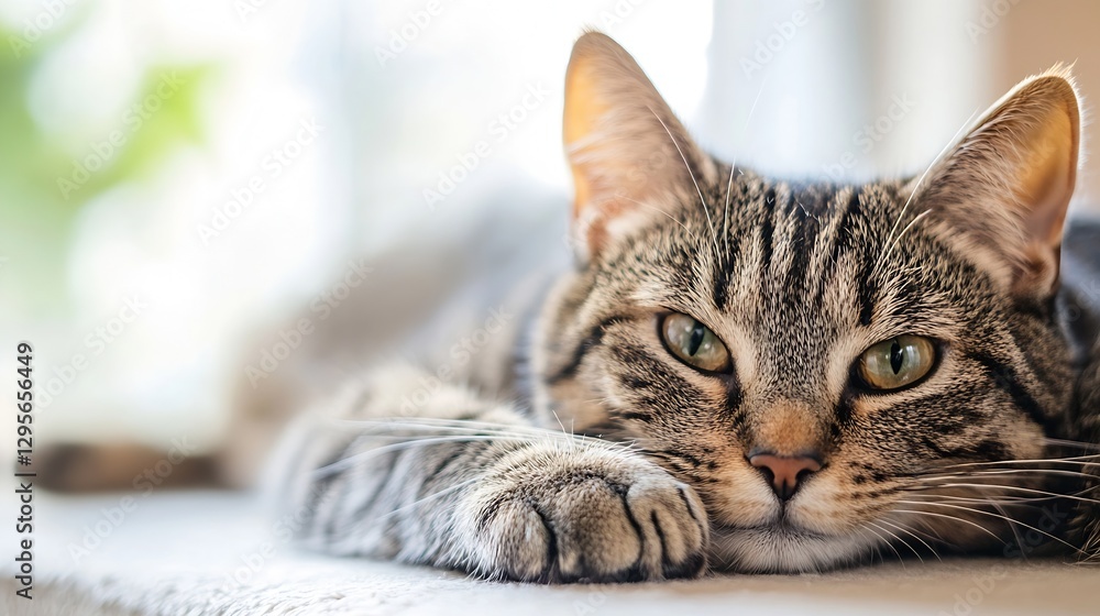 Poster Closeup portrait of a relaxed tabby cat showing its striking green eyes and soft fur in cozy setting : Generative AI