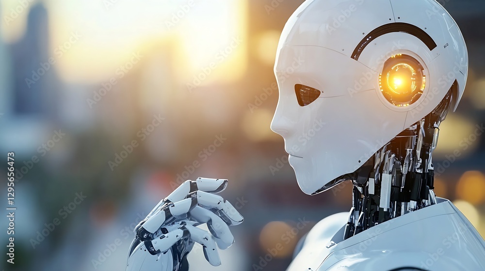 Poster futuristic robot close up with glowing eye and modern background : generative ai